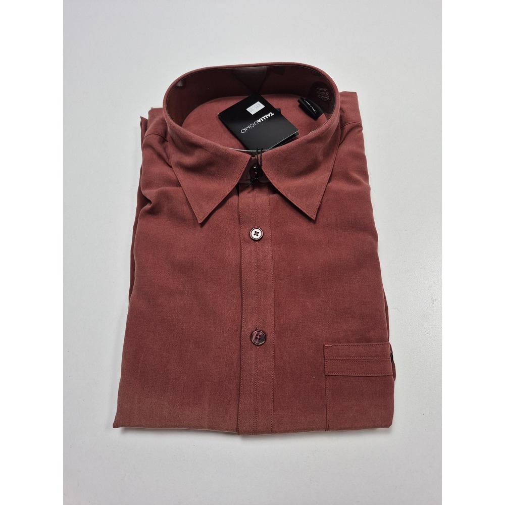 Tallia Uomo Dress Shirt Mens L Red Solid Cotton Lyocell Long Sleeve FLAW